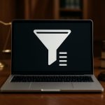 Laptop displaying a filter icon with a gavel and scales in the background