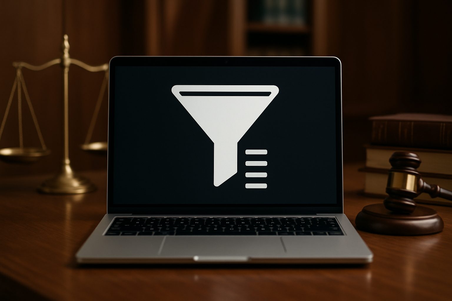 Laptop displaying a filter icon with a gavel and scales in the background